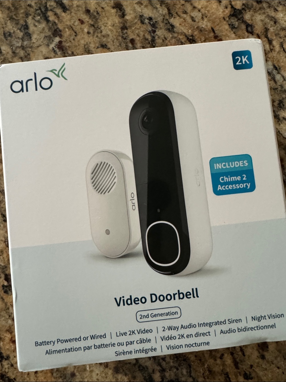 NWT - Arlo 2nd Generation Video Doorbell in White & Black – 2K with Chime 2